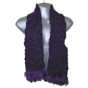 Purple Chenille Scarf Faux Fur Feather Fringe Ends Textured Winter Wrap Glam Y2K
